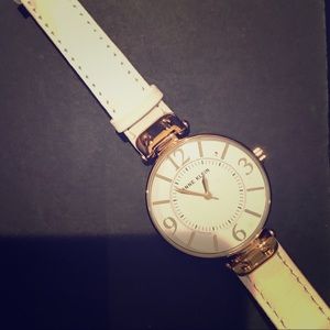 Anne Klein Gold-Tone and White Leather Strap Watch